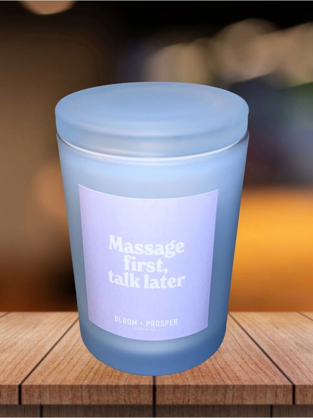 NEW! Bloom & Prosper “Massage First, Talk Later” Blue Aloe Candle with Lid 8.2oz